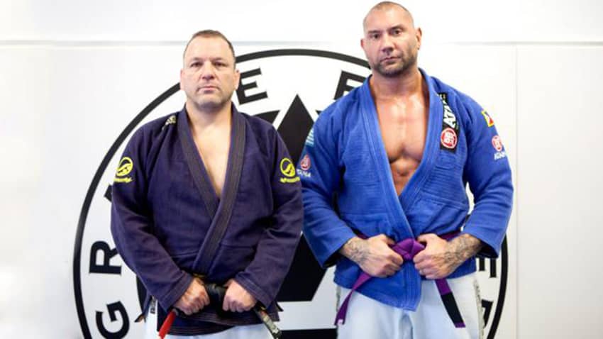WWE star and actor Dave Batista receives his BJJ purple belt