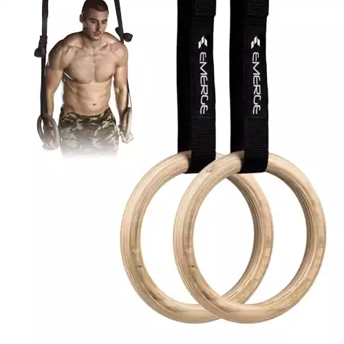 Emerge Wooden Olympic Gymnastic Rings with Heavy Duty Adjustable Straps, Smooth Grip Surface for Cross Training, Pull Ups, Body Weight Training, Gym or Home Workout Fitness