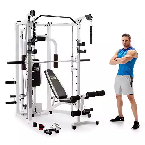 Marcy Smith Cage Combo Machine with Workout Bench and Heavy-Duty Total Body Strength Weight Bar Gym Equipment, White