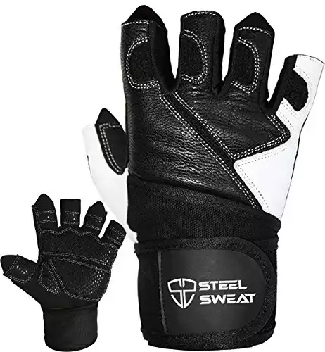 Steel Sweat Weightlifting Gloves - 18 inch Wrist Wrap Support for Workout, Gym and Fitness Training - Best for Men and Women Who Love Weight Lifting - Leather ZED Large