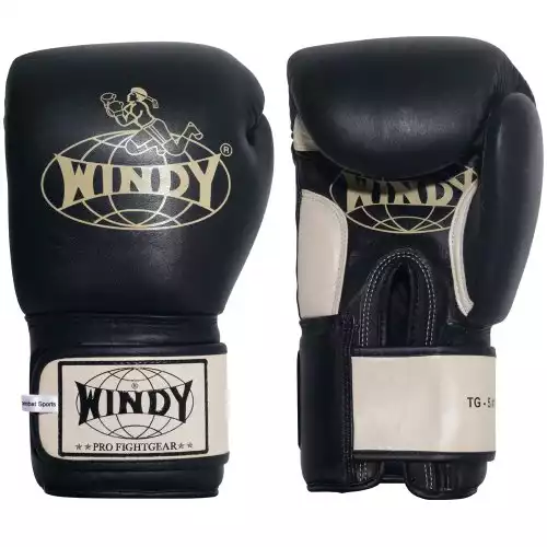 Windy Leather Muay Thai Training Sparring Gloves, 16-Ounce, Black
